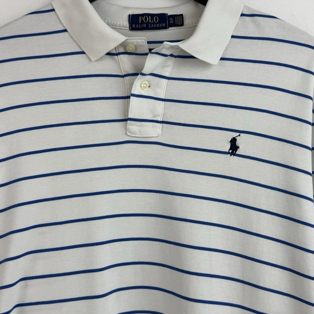 Polo Ralph Lauren Performance Shirt Mens XL White Blue Stripe Golf Short Sleeve